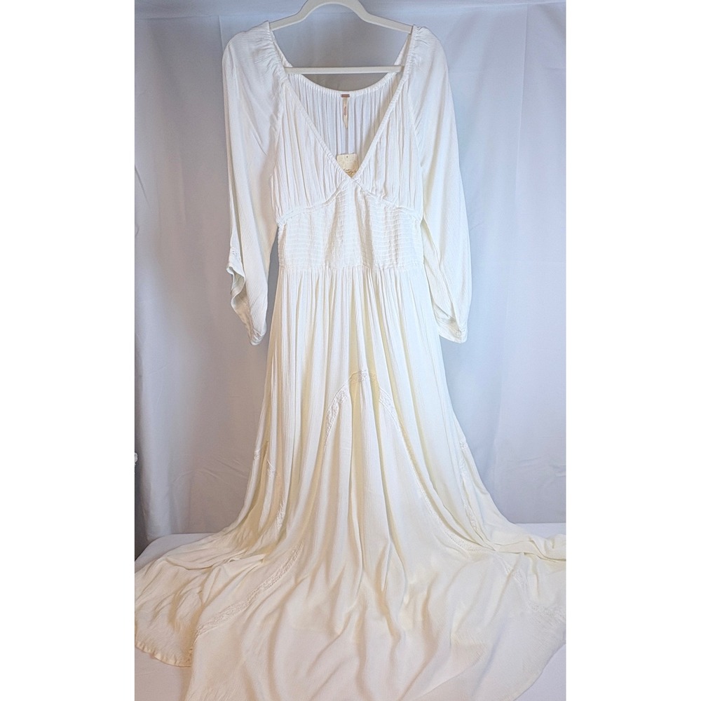 Free People Egret Ivory Maxi Dress L/S Smocked Lace Trim L Cottagecore Boho NWT